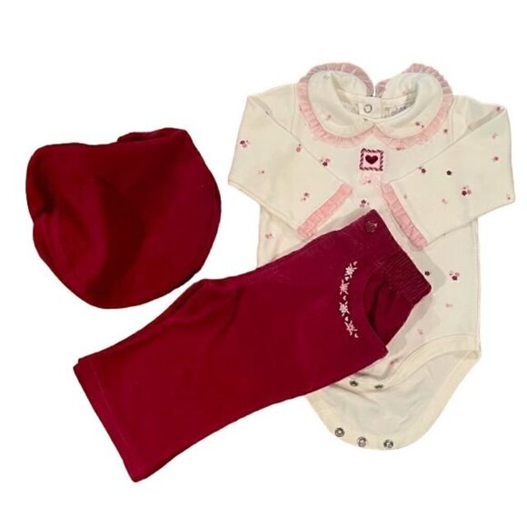 Little Wonders Other - Little Wonders Girls 3-Piece Set Berry Corduroy Pants/Cap+Cream Floral Top 3-6M